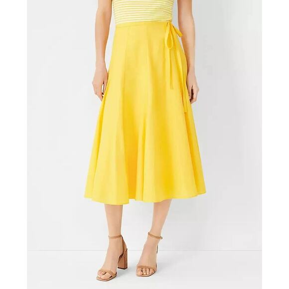 Ann Taylor Womens Godet Wrap Midi Skirt Size 0 Yellow Lined Tie Flowy Sunshine - Picture 1 of 13